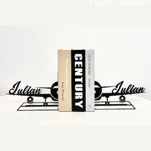 Custom Airplane Metal Office Sign, Personalized Pilot Name Book Ends, Book Stand Black Metal Art, Book Nook Office Decor for Book Lover