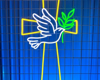 Dove Leaves Jesus Cross Neon Sign, Dove Peace Led Sign, Peace On Earth Wall Art, Custom Neon Light, Jesus Cross Sign, Merry Christmas Decor