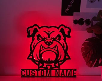 Custom BullDog Metal Wall Art LED Light - Personalized Dog Lover Name Sign Home Decor - Ideal for Home Decor & Gift