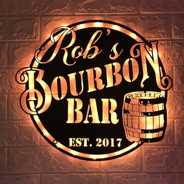Custom Home Pub Gin Bourbon Bar Metal Wall Art LED Light - Personalized Whiskey Cocktail Drinking Name Sign Home Bar Decor - Ideal for Gifts