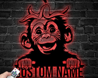Custom Peeking Monkey Banana Peel Metal Sign, Monkey Metal LED Decor, Personalized Monkey Lover Name Sign, Gift For Kid, Kid Room Decor