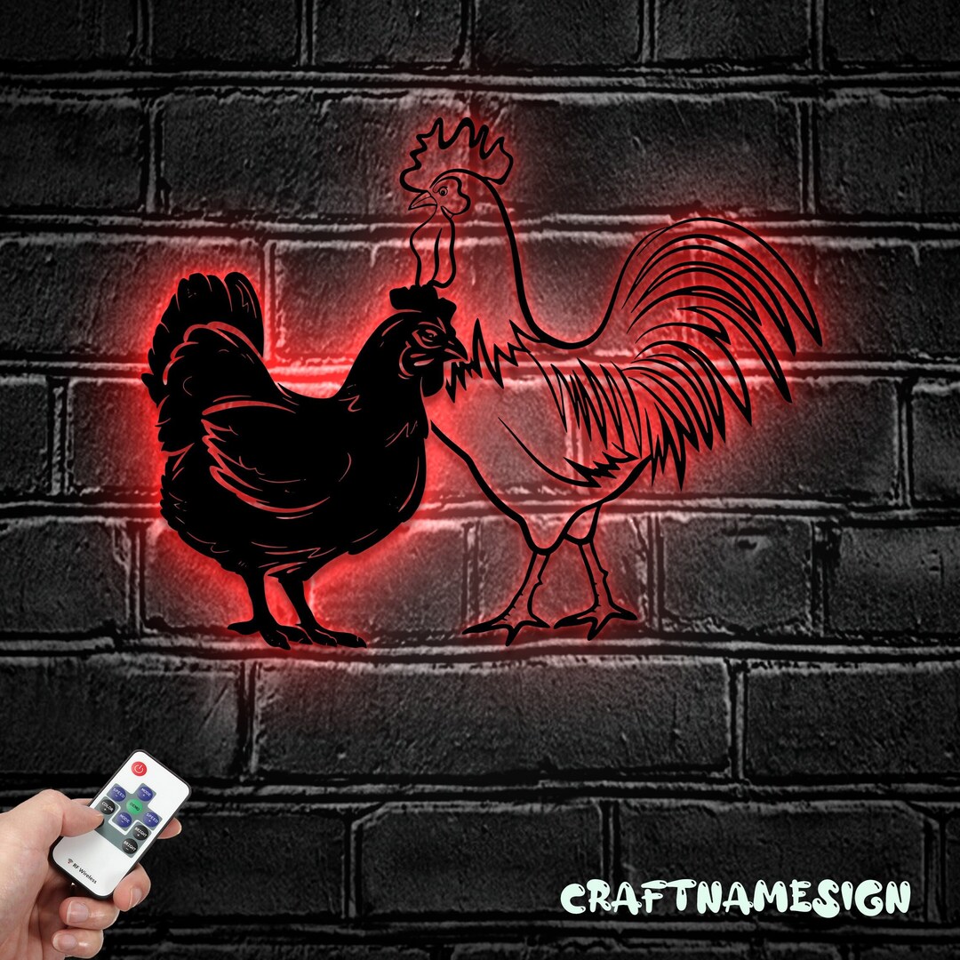 Couple Chicken Farmhouse Metal Wall Art LED Light Chicken Coop Sign