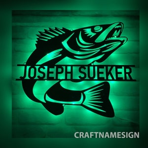Custom Walleye Fishing Metal Sign with LED Lights, Fishing Wall Art, Walleye Fishing Wall Hanging For Decoration, Gift for Dad Fishing Lover