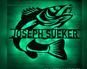 Custom Walleye Fishing Metal Sign with LED Lights, Fishing Wall Art, Walleye Fishing Wall Hanging For Decoration, Gift for Dad Fishing Lover