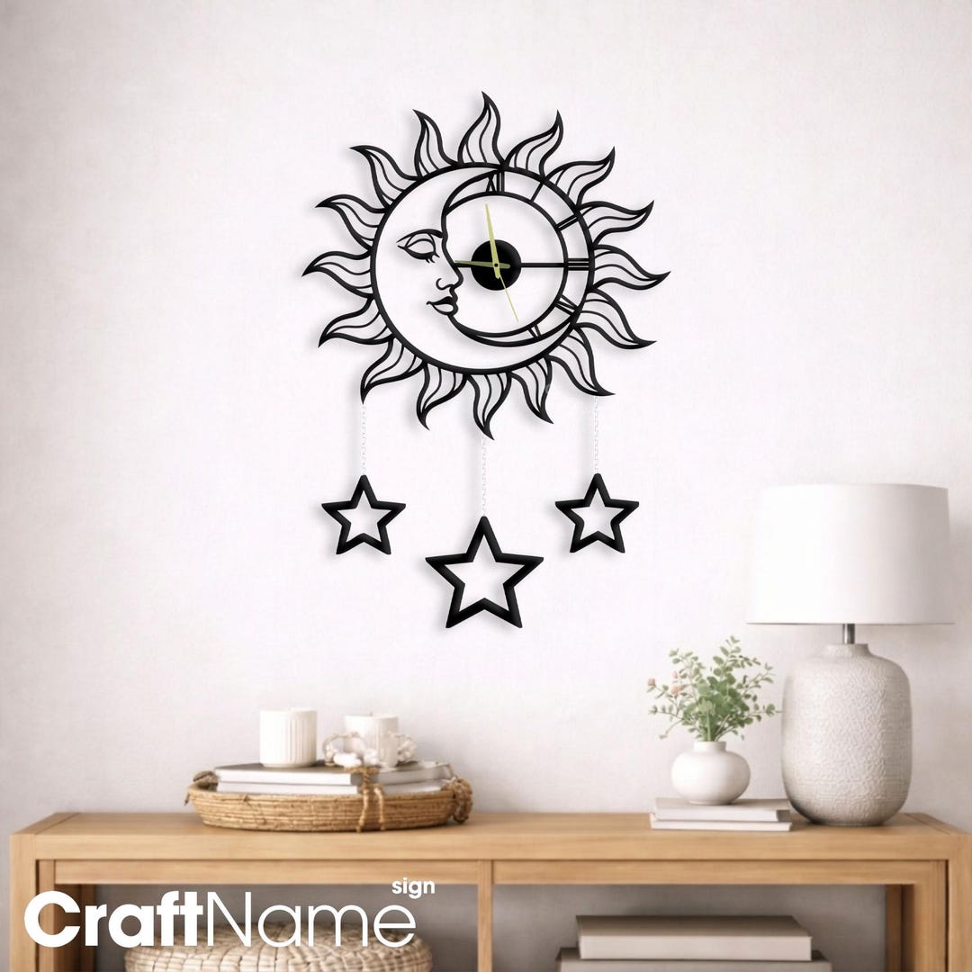 Sun Moon Metal Wall Clock, Celestial Wall Art for Bedroom or Living ...