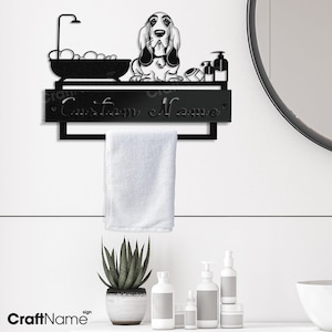 Portasciugamani in metallo Basset Hound personalizzato con supporto, portasciugamani da bagno, bagno in metallo personalizzato, appendiabiti da bagno, appendiabiti da bagno