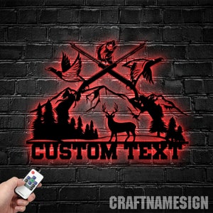 Personalized Outdoor Hunting Metal Wall Art With LED Light, Custom Hunter Name Sign Decoration For Room, Outdoor Hunting Metal LED Decor