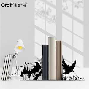 Custom Raven Metal Table Bookend Decor, Personalized Black Crow Lover Name Book End, Book Stand Black Metal Art, Book Nook Office Decor