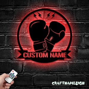 Custom Boxing Gloves Metal Wall Art with LED Light - Personalized King Boxer Belt Name Sign Home Decor - Ideal for Home Decor & Gift