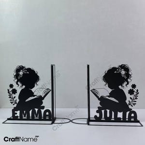 Custom Baby Girl Read Book Metal Bookend, Personalized Bookish Book Ends, Book Stand Black Metal Art, Book Nook Office Decor for Book Lover