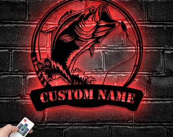 Custom Bass Fishing Metal Wall Art LED Light - Personalized Fisher Name Sign Home Bait Hook Bass Fish Decor Jumping Bass Decoration - Ideal