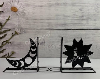 Custom Moon and Sun Metal Book Holder Decor, Day and Night Bookend, Sun Moon Phase Book Ends, Book Nook Office Decor for Book Lover
