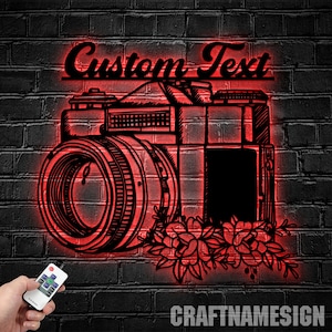 Foto de cámara personalizada tomando metal pared arte luz LED, fotógrafo personalizado monograma metal signo arte fotografía amante decoración cumpleaños