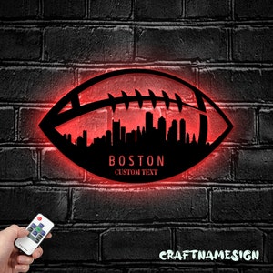 Custom Boston Skyline American Football Metal Wall Art LED Light - Personalized Player Name Sign Home Decor - Ideal for Home Decor & Gift