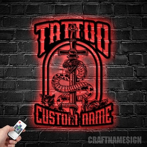 Custom Tattoo Artist Metal Wall Art LED Light, Large Snake Tattoo, Personalized Ink Studio Name Sign Home Decor, Ideal for Home Decor & Gift