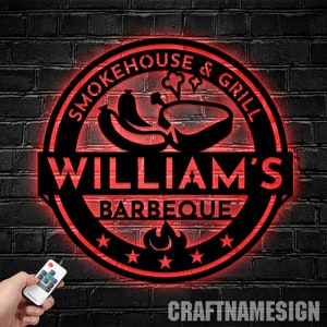 Insegna in metallo personalizzata per barbecue Steak House, insegna a LED per ristorante alla griglia per barbecue, insegna in metallo con nome ristorante barbecue personalizzato, luce a LED per negozio di barbecue