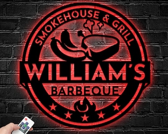 Custom Steak House BBQ Metal Sign, BBQ Grilling Restaurant Led Sign, Personalized Barbecue Restaurant Name Metal Sign, BBQ Shop Led Light