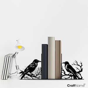 Personalized Raven Metal Bookend for Desk Decor, Black Raven Metal Book Holder Sign, Book Ends Metal Book Nook Decor, Custom Bookend Sign