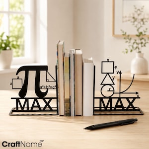 May include: A pair of black metal bookends featuring mathematical symbols and the text MAX. The left piece displays the pi symbol, a square with side a, and the Pythagorean theorem. The right piece shows a square, triangle, circle, and graph.
