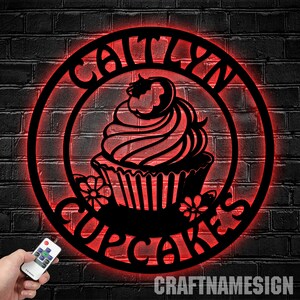 Custom Bakery Cupcake Metal Wall Art With LED Light, Personalized Bakery Name Sign Decoration For Room, Cake Shop Wall Metal LED Decor Gifts