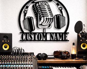 Custom Music Studio Metal Sign with LED Light | Personalized Microphone Headphones Name Art
