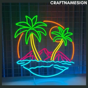 Tropical Palm Tree Mountain Neon Sign, Palm Tree Led Sign, Custom Neon Sign, Home Bar Neon Sign, Hawaii Ocean Wall Decor, Beach View Decor