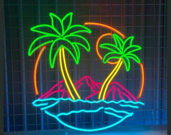 Könnte beinhalten: Neon-Schild mit einer tropischen Szene mit zwei Palmen, einer untergehenden Sonne, Bergen und Meereswellen. Das Schild ist aus leuchtenden Neonfarben gefertigt, darunter Grün, Gelb, Orange, Pink und Blau.