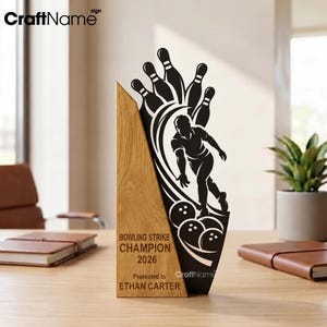 Custom Bowling Strike Champion Trophy Award, Metal Wood Bowling Pin Award Plaque, Bowler Gift for Sports Team