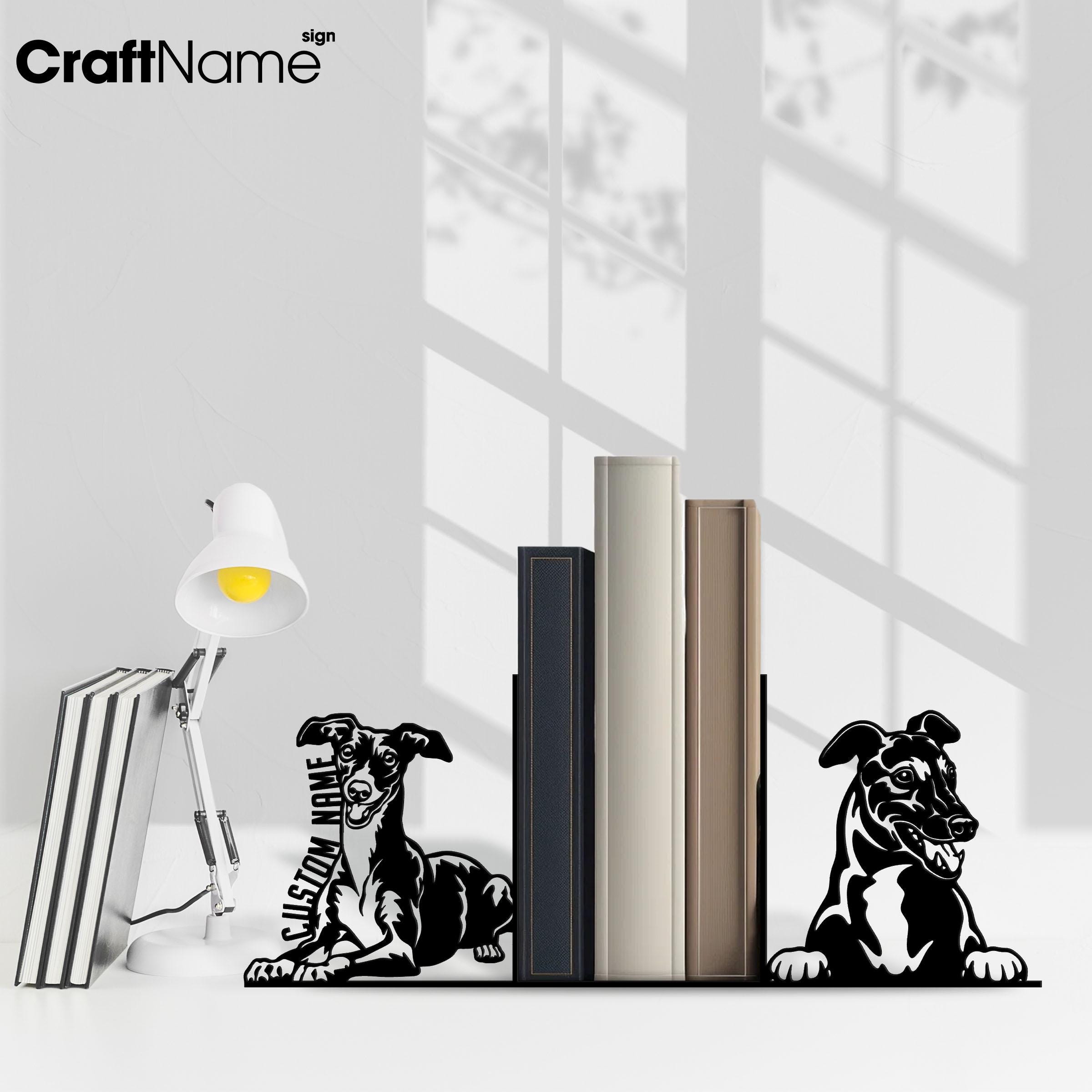 Personalized English Greyhound Dog Metal Bookend, Custom Greyhound Dog Name Book Ends, Book Stand Black Metal Art, Book Nook Office Decor