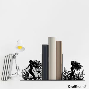 Custom Mermaid Bookend Metal Black Bookends, Book End Metal Table Decor, Mermaid Lover Book Holder for Book Nook Decor, Book Stand Sign