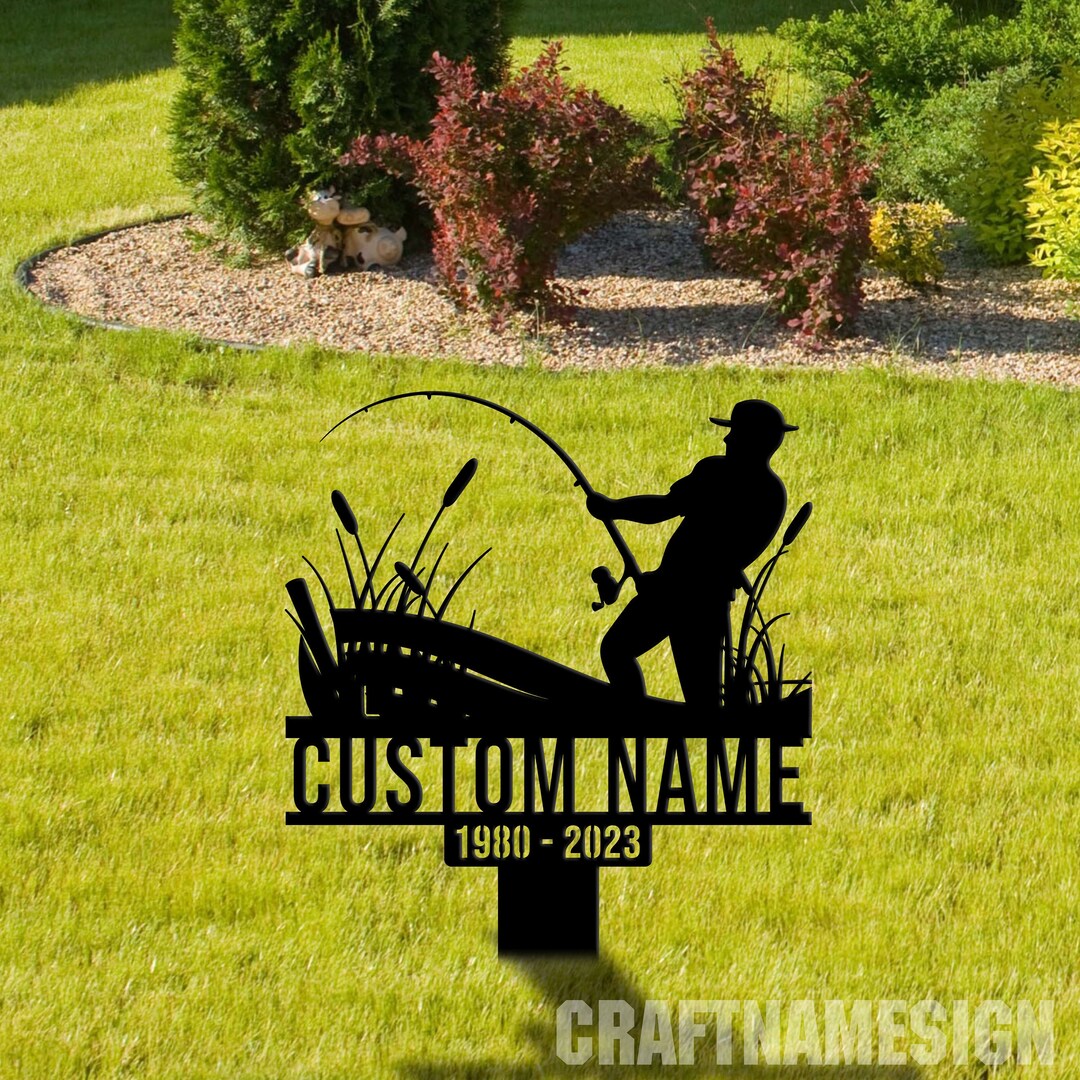 Personalized Fishing Memorial Stake Metal, Fisherman Cemetery Stake