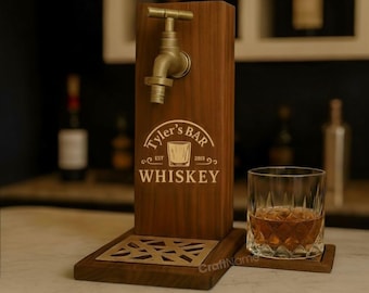 Personalized Whiskey Dispenser, Custom Wooden Liquor Tap Stand with Engraved Name for Bar or Man Cave Decor, Gift for Dad or Husband