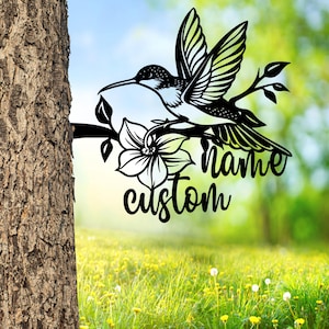 Custom Hummingbird On Branch Metal Tree Stake, Hummingbird Garden Sculpture Metal Tree Art, Laser Cut Metal Garden Decor, Bird Metal Sign