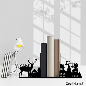 Personalized Christmas Metal Bookend Art, Custom Santa Reindeer Book Ends, Book Stand Black Metal Art, Book Nook Office Decor for Book Lover