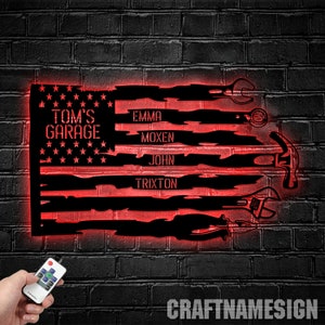 Personalized US Flag Garage Metal Wall Art LED Light, Custom Dad&#39;s Garage Name Sign Home Decor - Ideal for Home Decor, Father&#39;s Day Gift