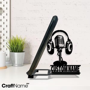 Personalized Music Audio Podcast Metal Cell Phone Desk Holder Office Decor, Music Lover Name Phone and Tablet Stand Sign, Phone Holder Sign