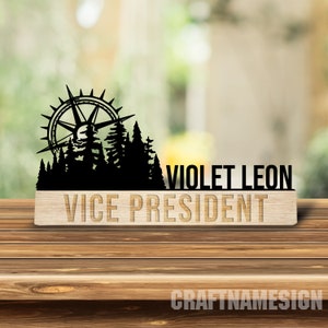 Personalized Wooden Nature Mountain Forest Desk Name Plate, Hill Tree Large Adventure Metal Nameplate for desk, Office Decor, New Job Gift
