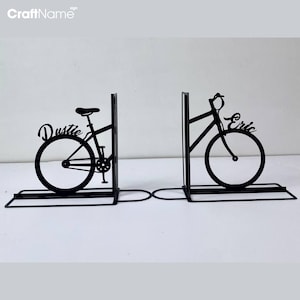 Personalized Bicycle Metal Table Bookend, Custom Biker Name Book Ends, Book Stand Black Metal Art, Book Nook Office Decor for Book Lover