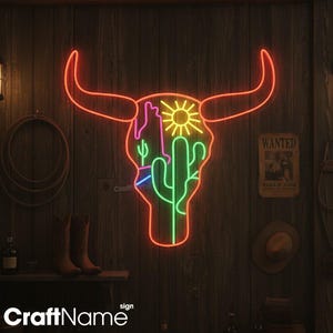 Bull Skull Wüsten Leuchtreklame - Western LED-Licht, Cowboy Bar Wanddekor, Boho Country Style Leuchtreklame
