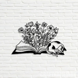Cat Floral Books Metal Sign,Bookshelf Sign,Custom Library Sign,Bookworm Sign,Book Club Decor,Reading Room Sign,Book And Cat Metal Wall Art