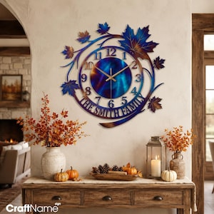 Fire Roasted Maple Leaf Metal Wall Clock, Personalized Fall Wall Art for Living Room or Farmhouse Decor