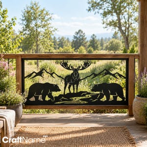 Outdoor Cabin Deck Railing Panel Insert, Moose and Bear Mountain Wildlife Metal Privacy Screen Decor