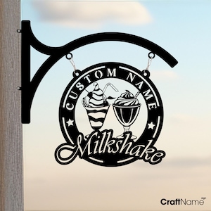 Personalized Milkshake Bar Metal Outdoor Hanging Sign, Milkshake and Ice Cream Shop Wall Decor, Custom Store Shop Metal Blade Hanging Sign