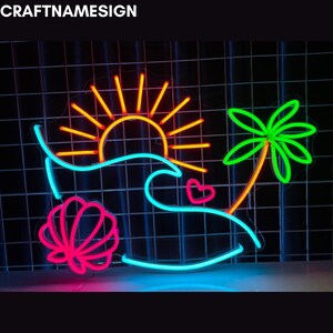 Seashell Palm Tree On Beach With Sun Neon Sign, Beach Led Sign, Custom Neon Sign, Summer Home Beach Bar Neon Sign, Beach View Decor