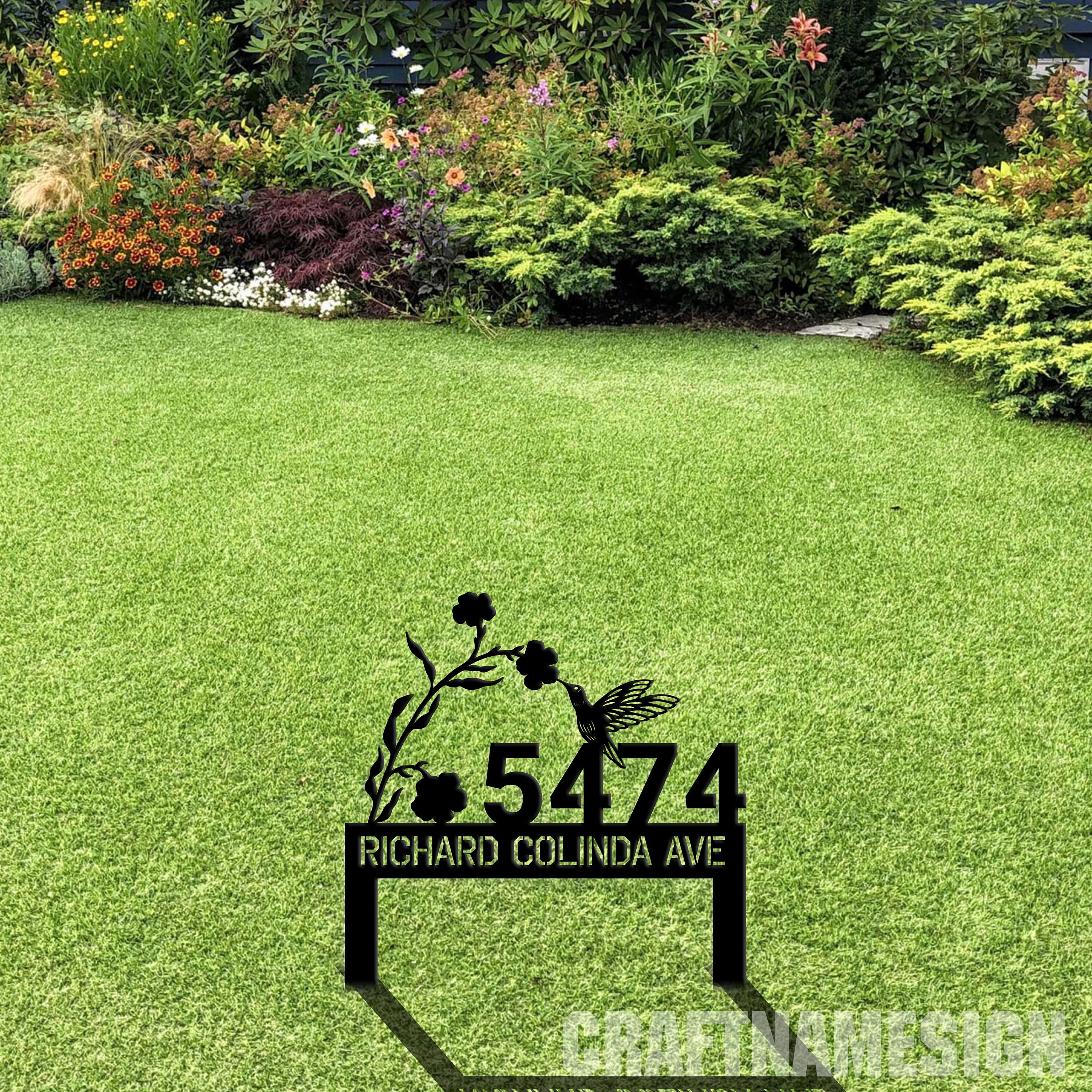 Custom Hummingbird Metal Adress Sign With Stakes, Home Address