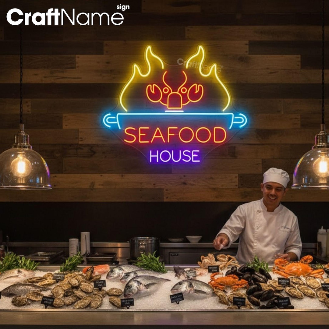 Letrero de neón de Seafood House, luz de neón de restaurante de ...