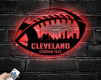 Custom Cleveland Skyline American Football Metal Wall Art LED Light - Personalized Player Name Sign Home Decor - - Ideal for Home Decor &