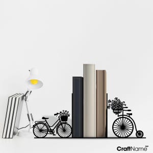 Personalized Bicycle Metal Bookend for Desk Decor, Floral Bicycle Metal Book Holder Sign, Book Ends Metal Art for Book Nook Decor