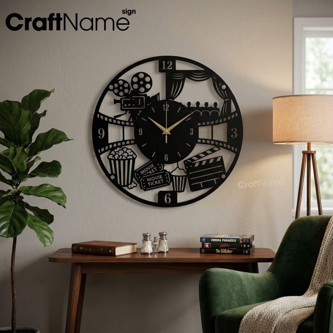 Movie Reference Clock Movie Theater Metal Wall Clock, Entertainment Room Accent, Film Student ...