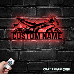 Custom US Motocross Biker Metal Wall Art LED Light - Personalized Dirt Bike Name Sign Home Motorcycle Decor Rider Decoration - Ideal for